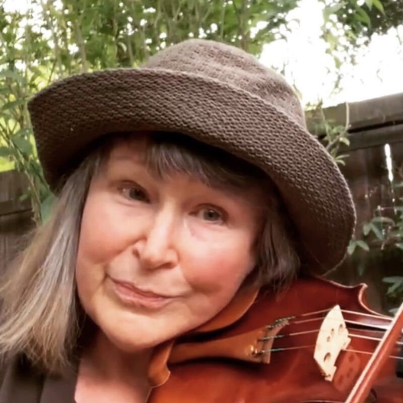 a woman wearing a hat holding a violin under her chin